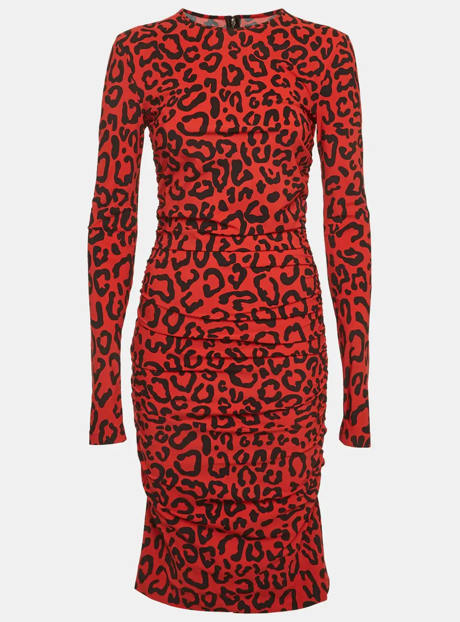 Dolce & Gabbana Red/Black Animal Print Stretch Knit Ruched Midi Dress M