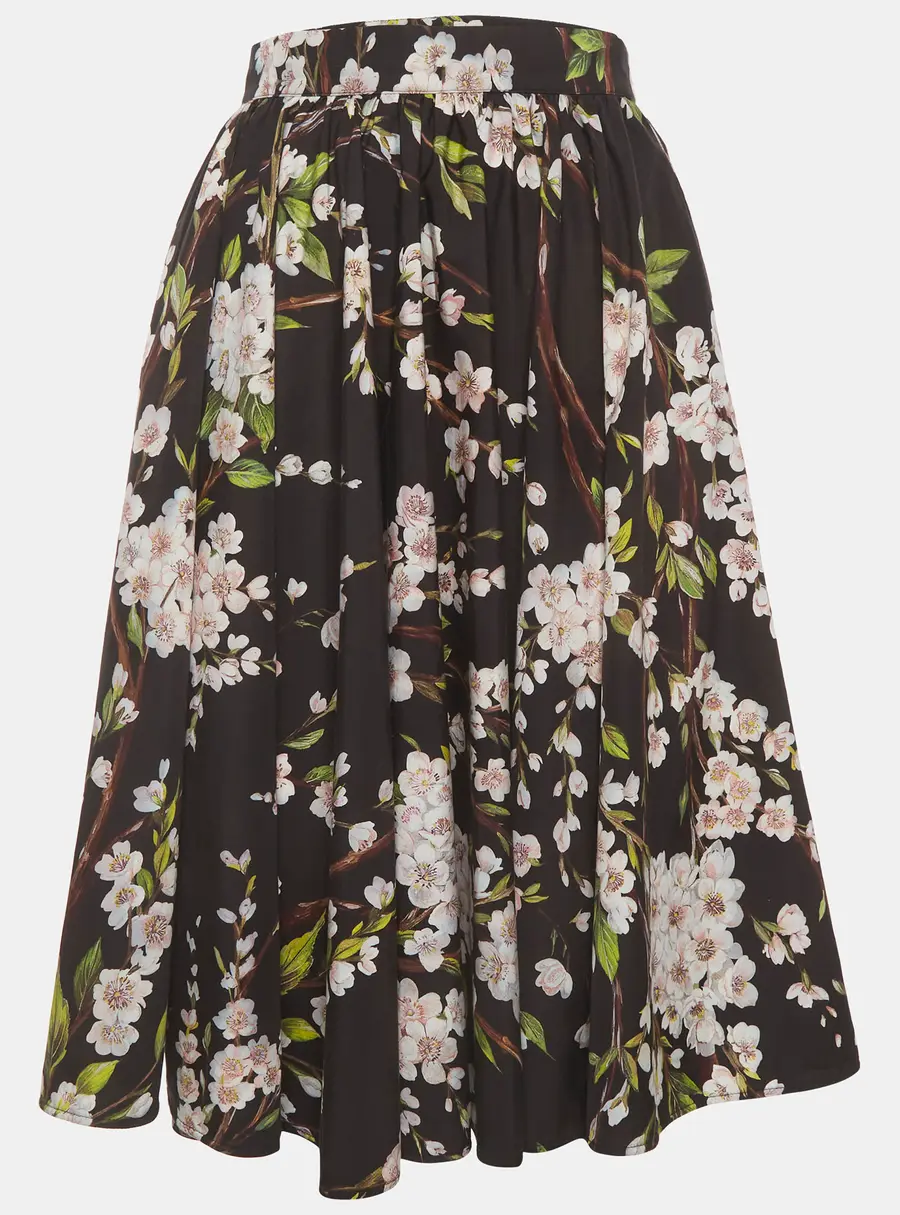 Dolce and Gabbana Black Floral Print Poplin Gathered Skirt S