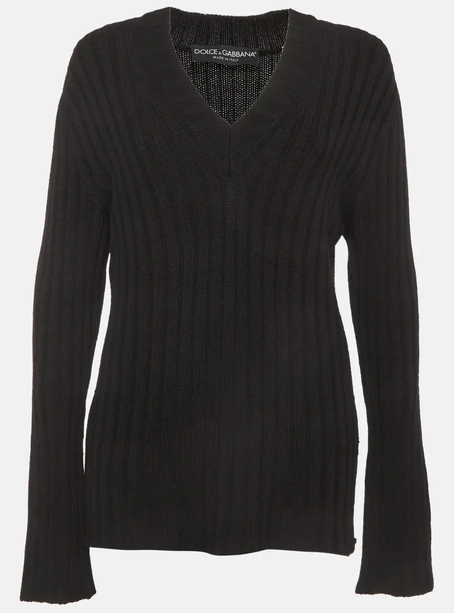 Dolce & Gabbana Black Rib Knit V-Neck Sweater XL