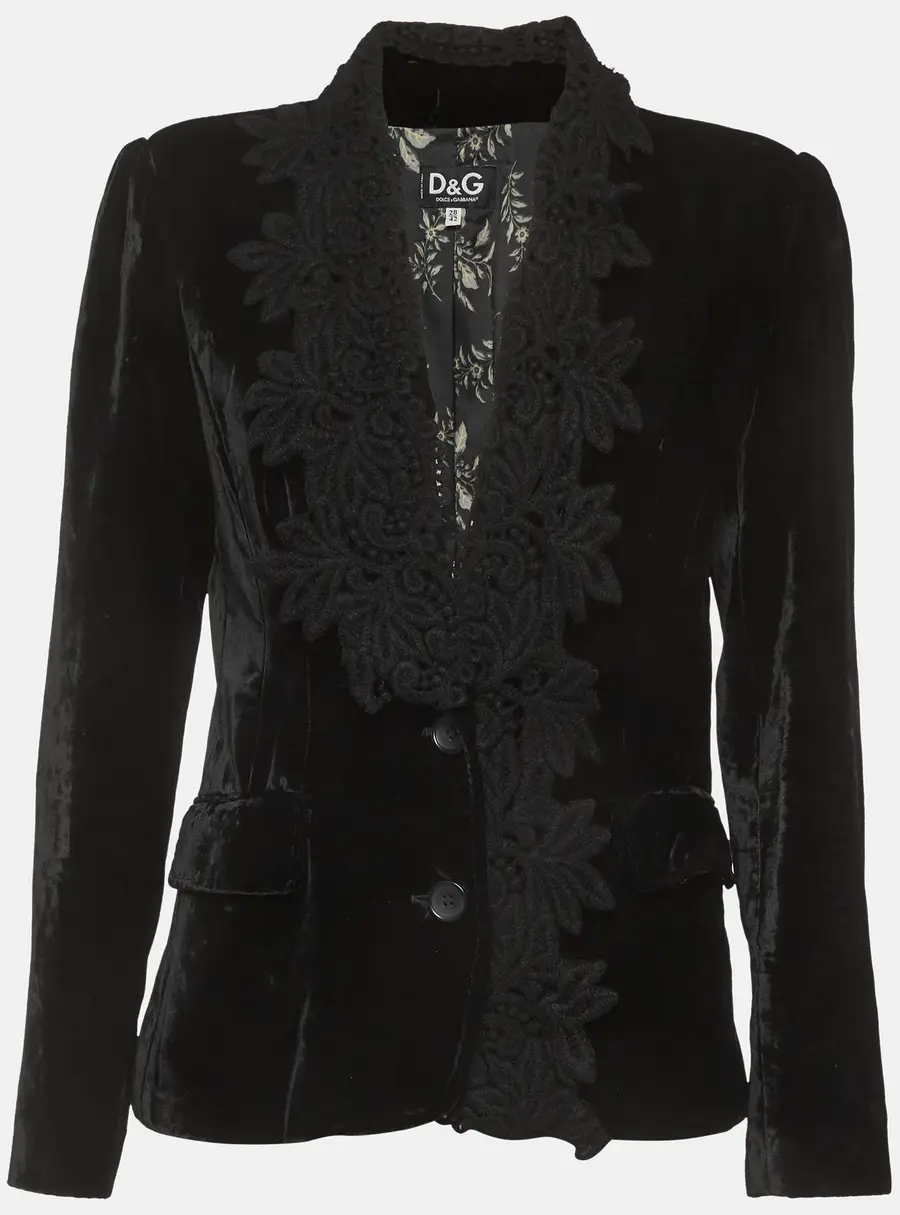 Dolce & Gabbana Black Velvet Lace Detail Blazer M
