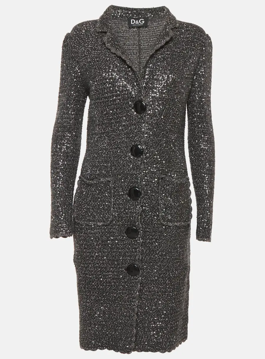 Dolce & Gabbana Grey/Silver Sequin Crochet Knit Long Cardigan M
