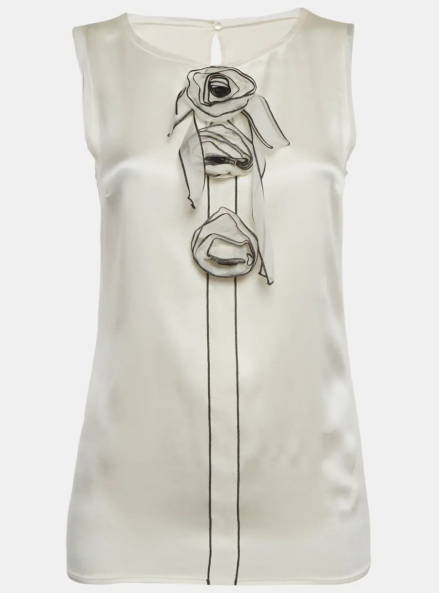 Dolce & Gabbana White Floral Detail Satin Sleeveless Top M
