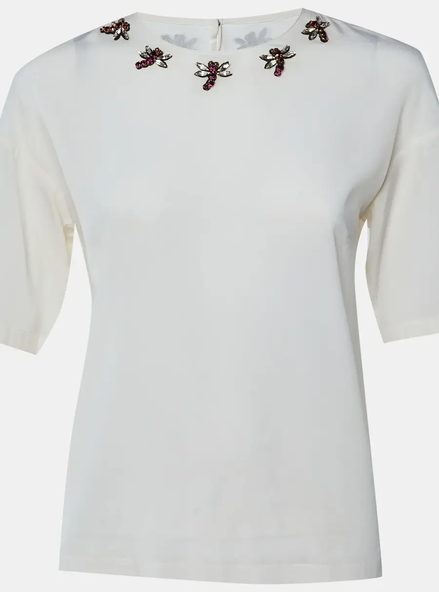 Dolce & Gabbana White Silk Crepe Dragonfly Crystal Embellished Blouse S