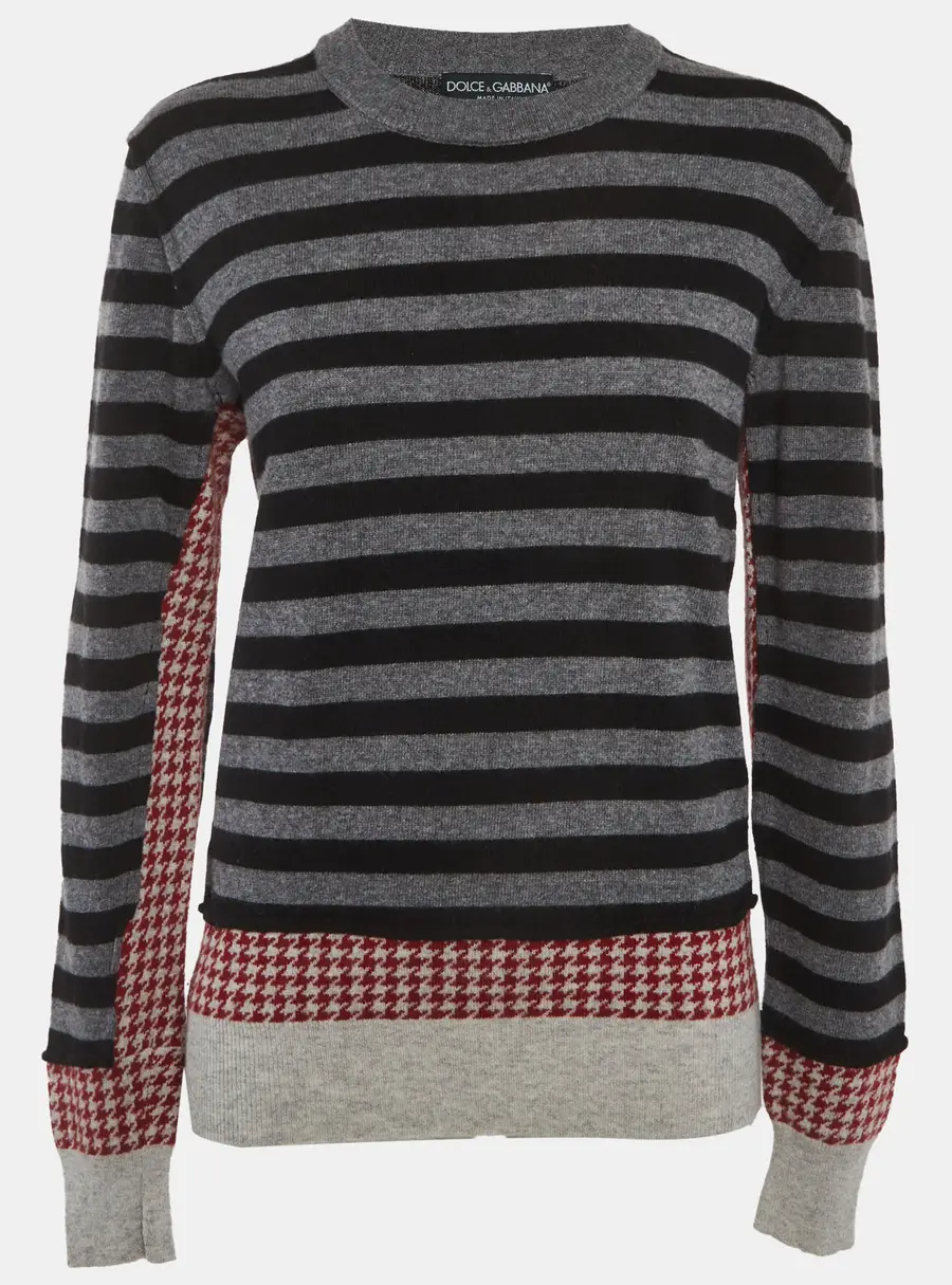 Dolce & Gabbana Grey Striped and Houndstooth Knit Jacquard Sweater L