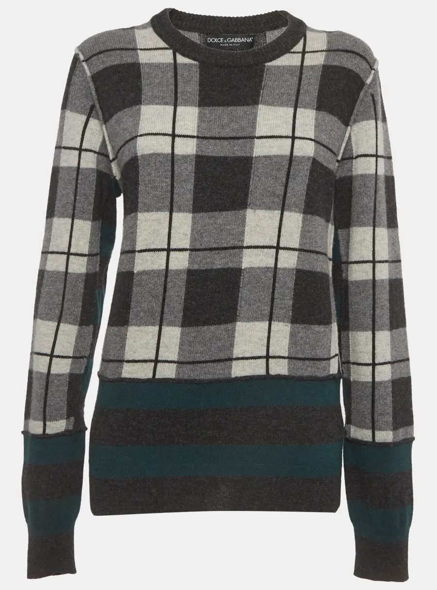 Dolce & Gabbana Grey Plaid Print Rib Knit Crewneck Sweater L