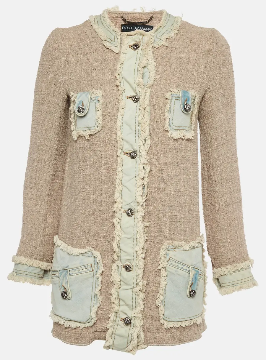 Dolce & Gabbana Beige Denim Trim Tweed Button Up Jacket S