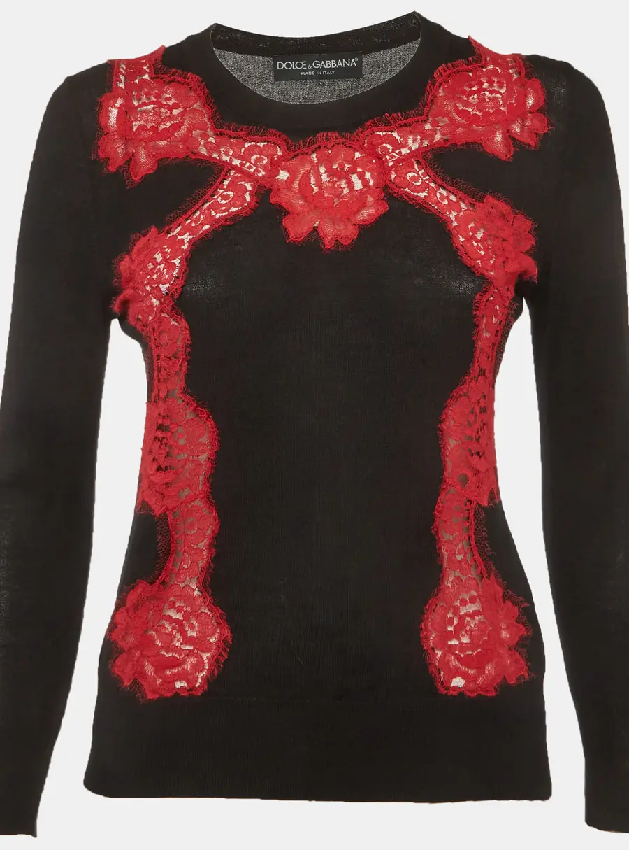 Dolce & Gabbana Black/Red Lace Detail Sweater S