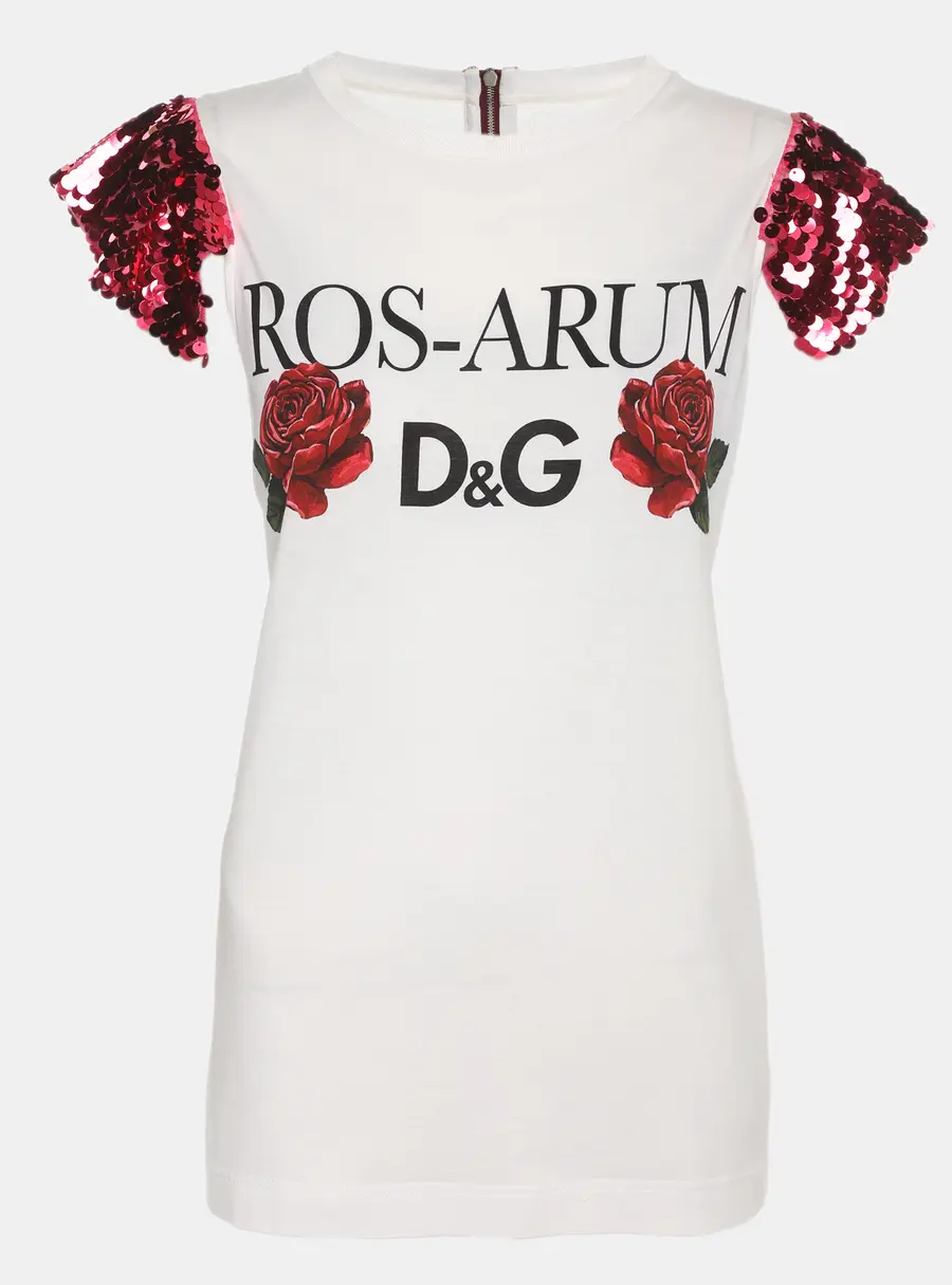 Dolce & Gabbana White/Red Rose Print Jersey and Sequin Sleeve Top S