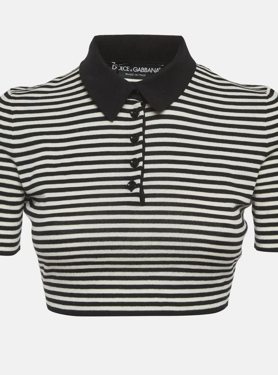 Dolce & Gabbana Black/White Striped Wool Knit Cropped Polo Top S