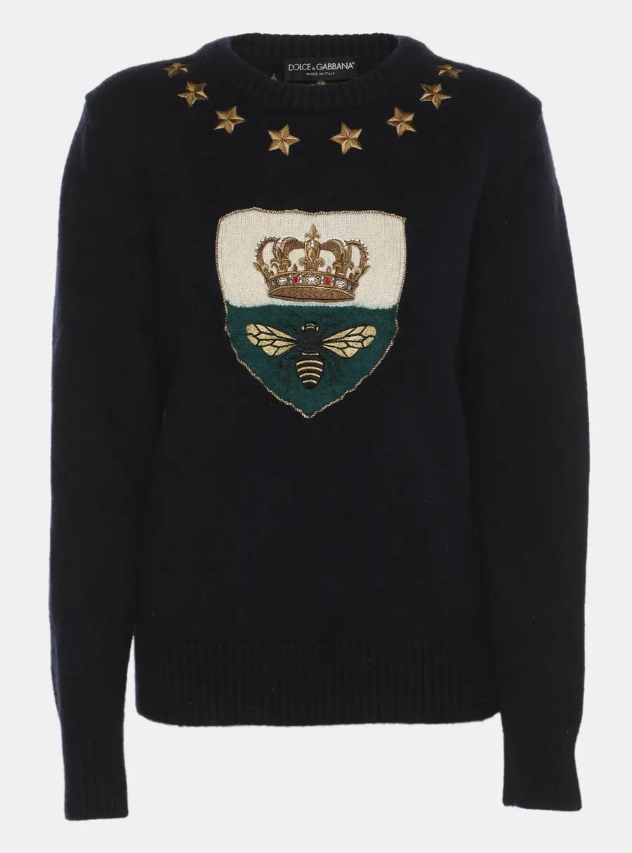 Dolce & Gabbana Dark Navy Crown Bee Embroidered Cashmere and Wool Sweater M