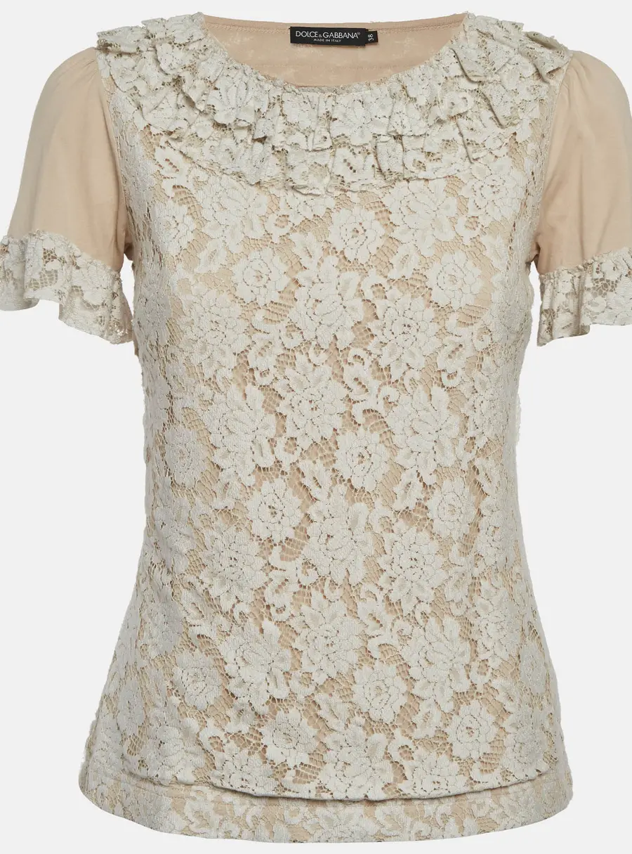 Dolce & Gabbana Beige Jersey and Lace Ruffle Top S