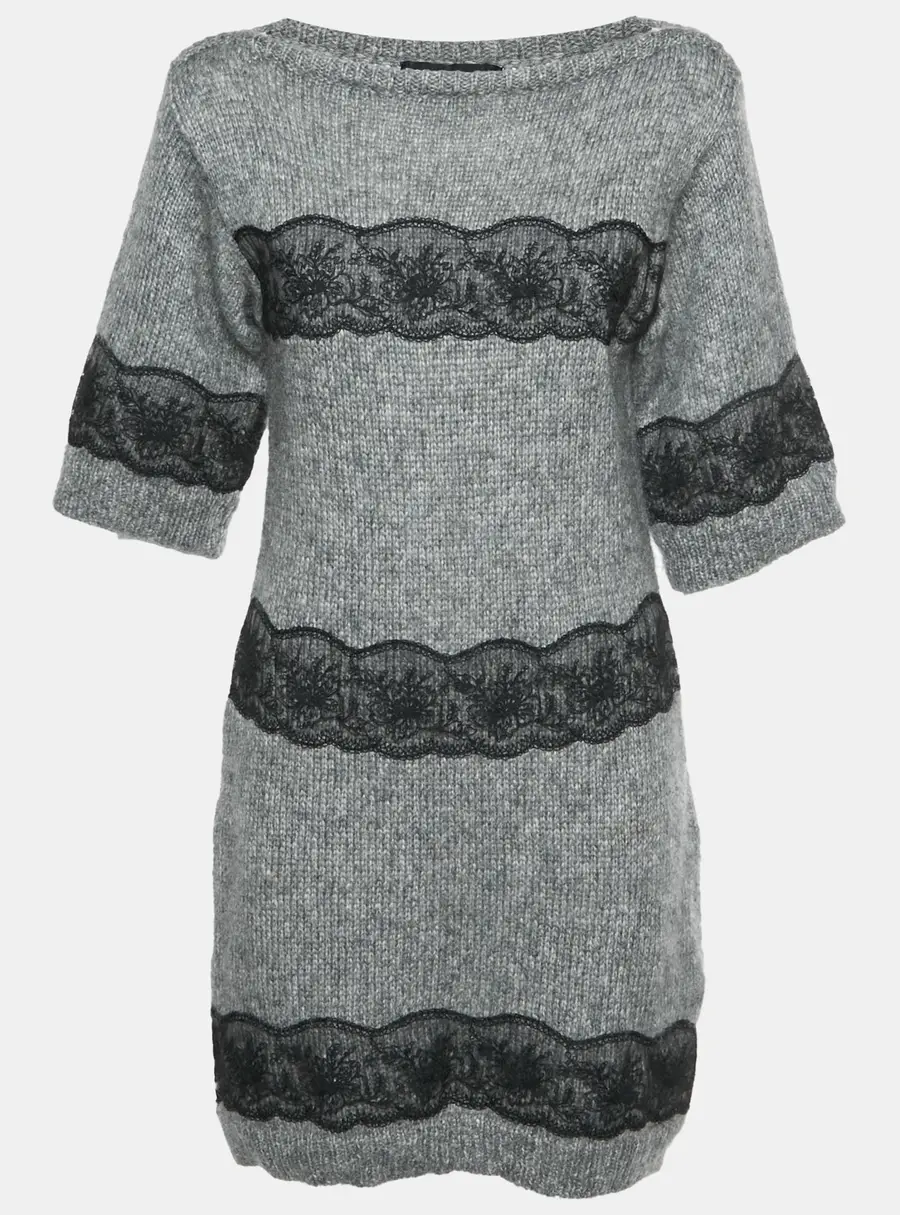 Dolce & Gabbana Grey Wool Blend Rib Knit Lace Trim Mini Dress S