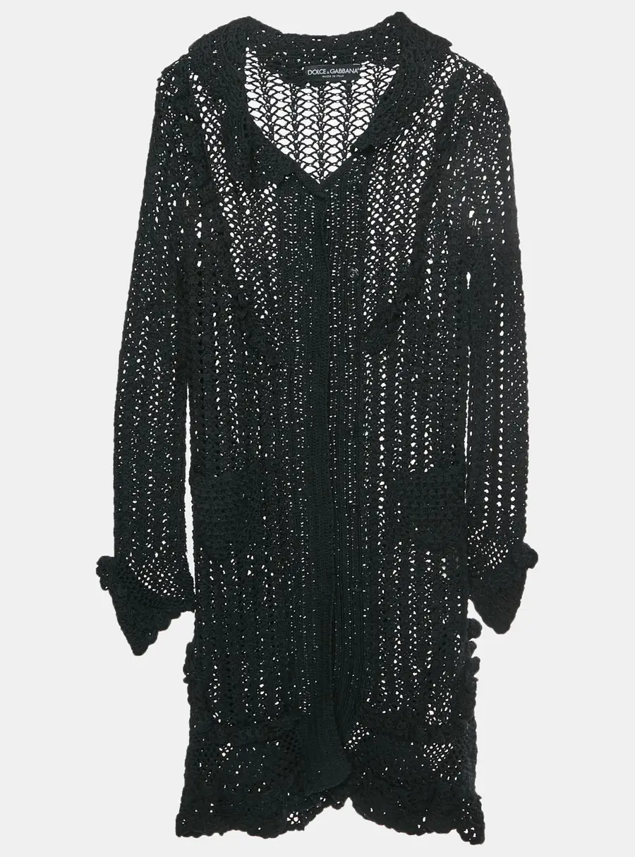 Dolce & Gabbana Black Crochet Knit Ruffled Long Cardigan S