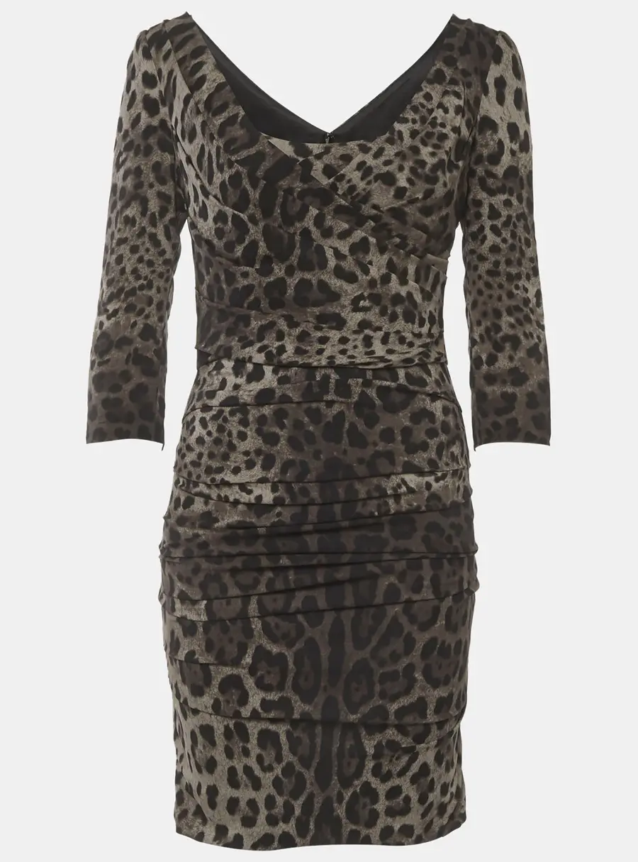 Dolce & Gabbana Grey Leopard Print Silk Ruche Mini Dress S