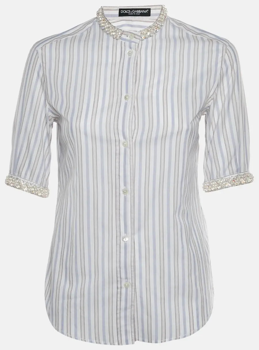 Dolce & Gabbana Multicolor Striped Pearl Embellished Cotton Top M