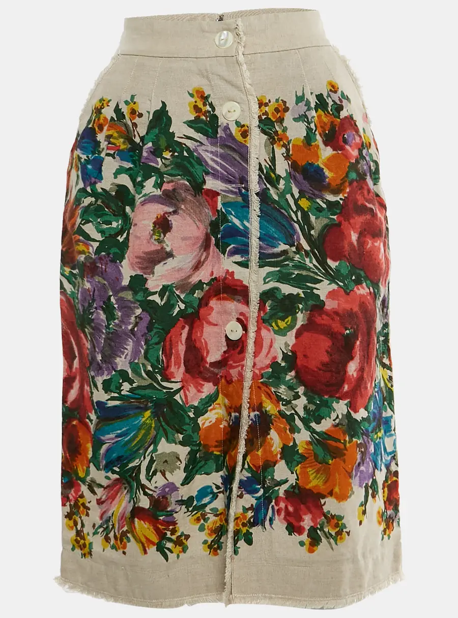 Dolce & Gabbana Beige Floral Print Linen Zip Up Knee Length Skirt S
