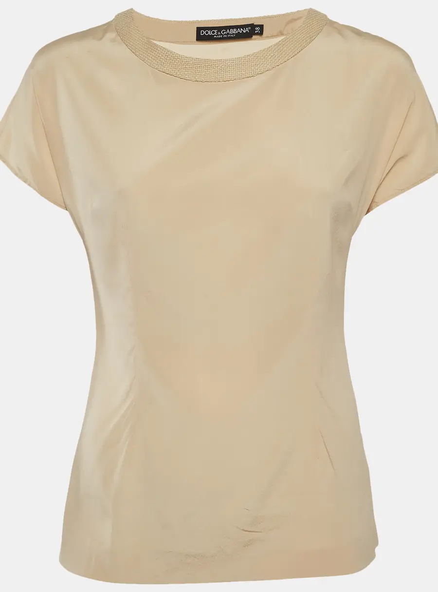 Dolce & Gabbana Beige Silk Blend Crepe Bateau Neck Top S