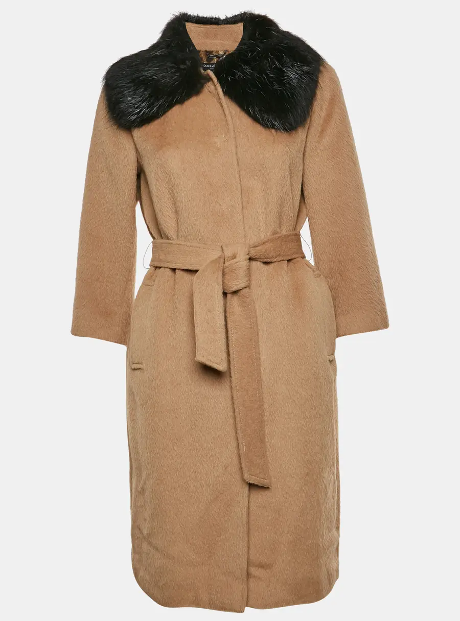 Dolce & Gabbana Brown Wool Blend Fur Collar Belted Coat S