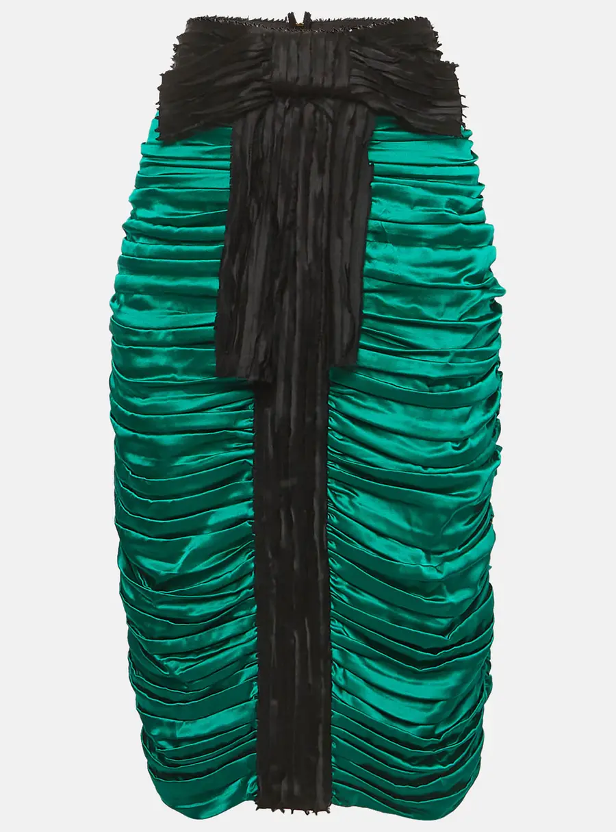 D&G Vintage Green Satin Ruched Bow Detail Midi Skirt L
