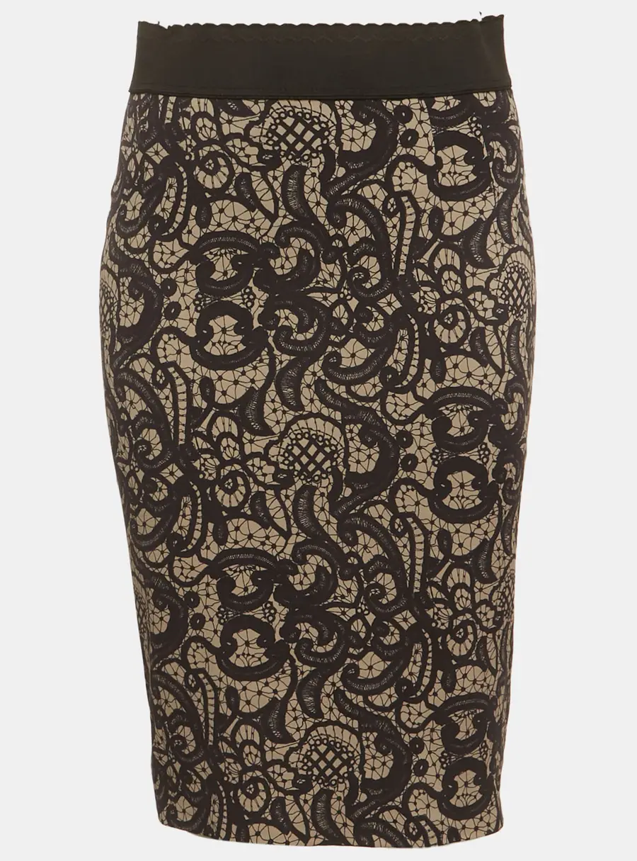Dolce & Gabbana Black Lace Print Silk Pencil Skirt S