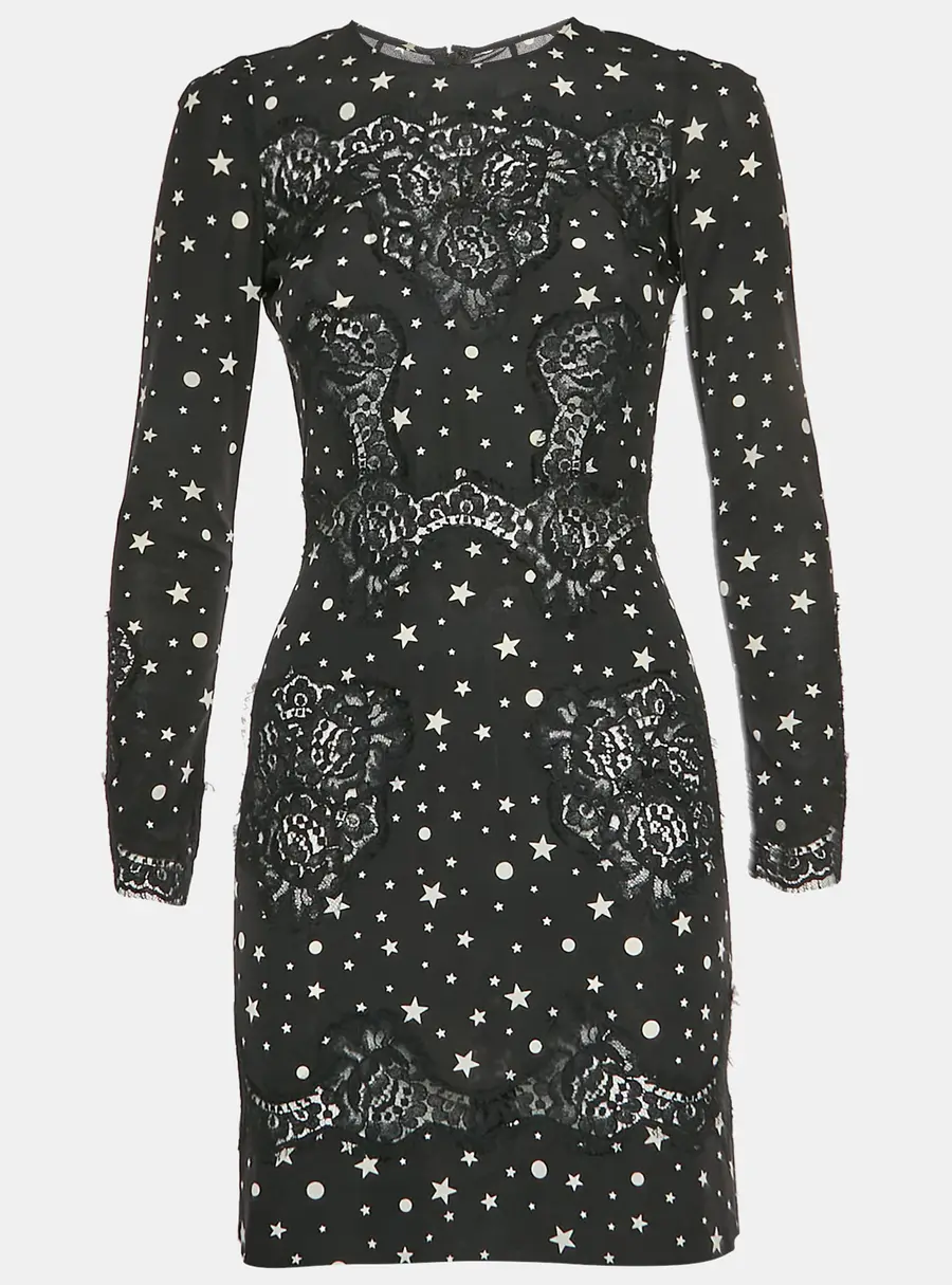 Dolce & Gabbana Black Star Print Silk Blend Crepe and Lace Mini Dress S