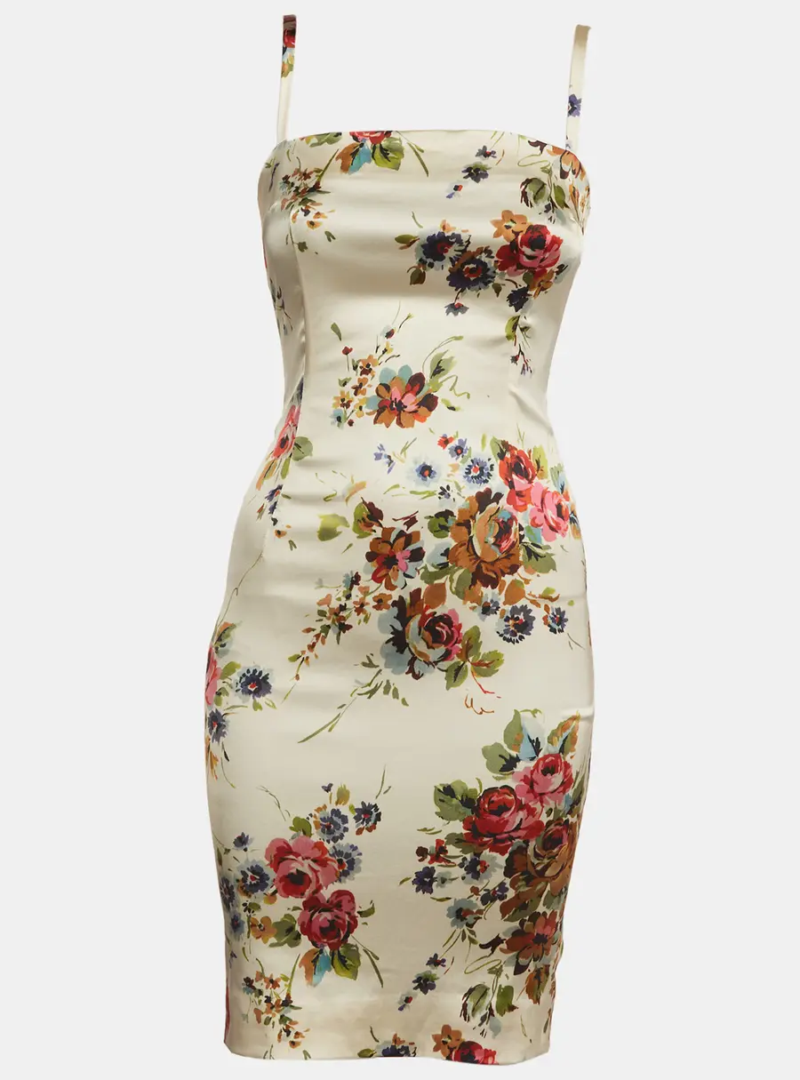 Dolce & Gabbana Beige Floral Print Satin Zip Up Mini Dress XS