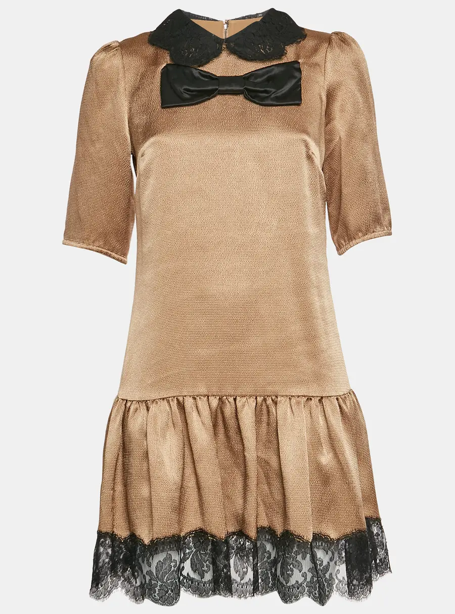 Dolce & Gabbana Tan Synthetic Lace Trim Ruffled Hem Mini Dress S