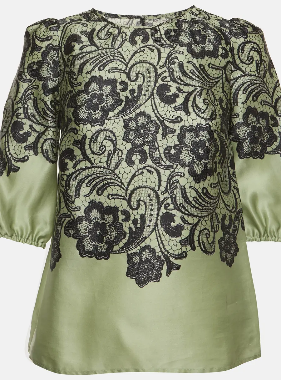 Dolce & Gabbana Green/Black Floral Print Silk Puff Sleeves Top XS
