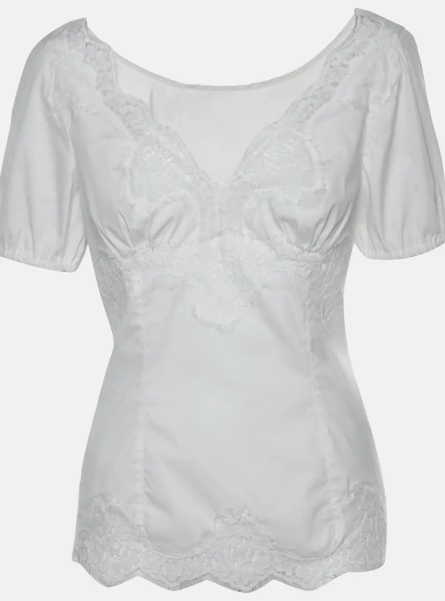 Dolce & Gabbana Off White Stretch Cotton Lace Trim Top M