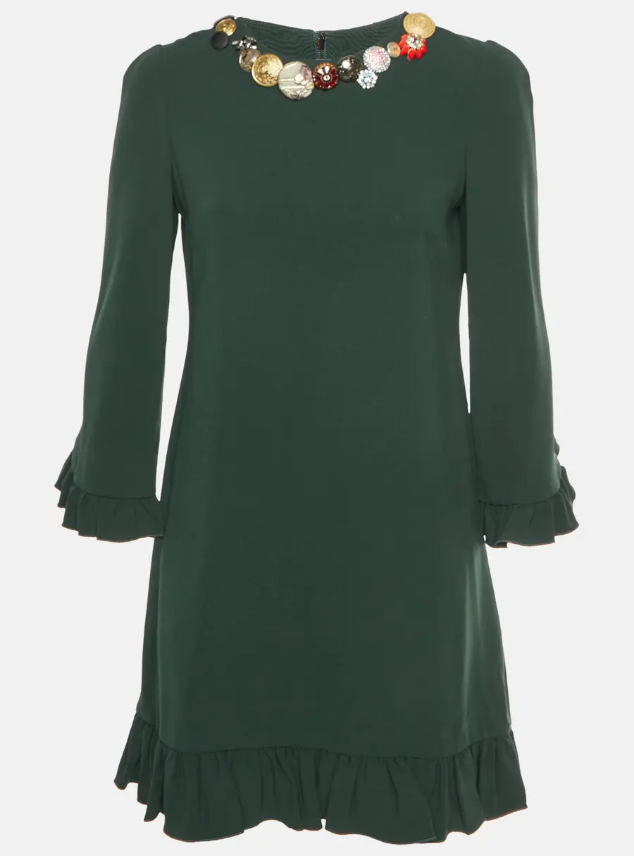 Dolce & Gabbana Green Crepe Bejeweled Ruffled Mini Dress M