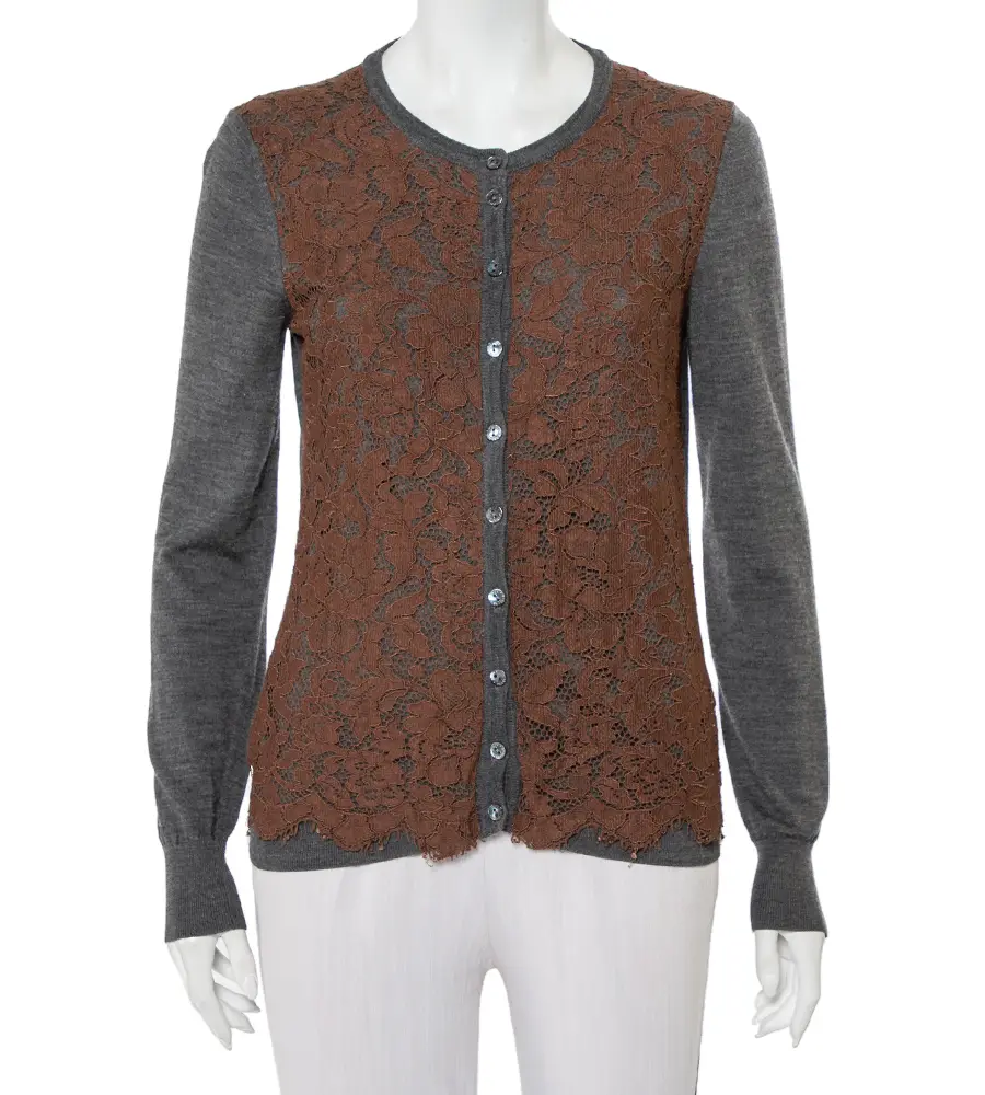 Dolce & Gabbana Grey Wool Contrast Lace Trim Button Front Cardigan M
