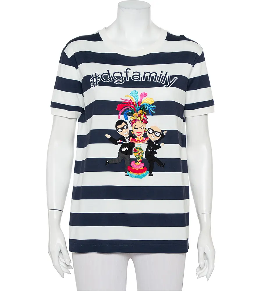 Dolce & Gabbana White & Navy Blue Striped Cotton Patch Detail Crewneck T-Shirt M