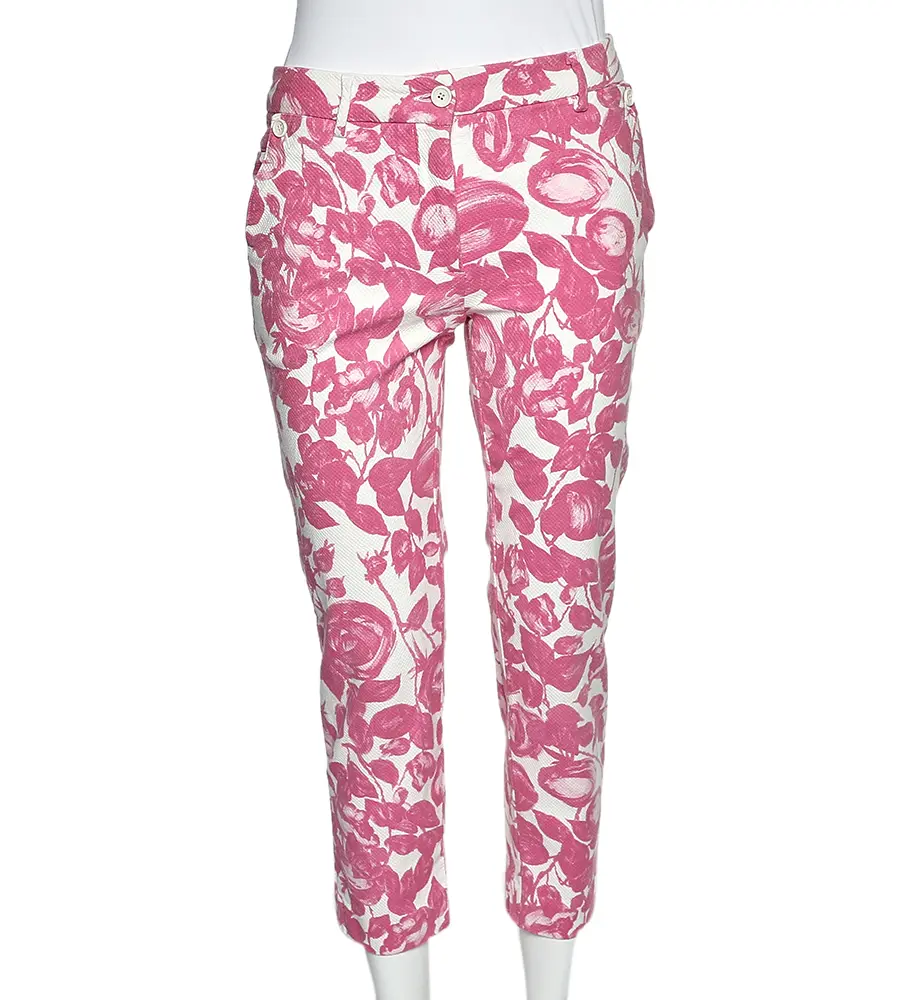 Dolce & Gabbana Pink Floral Printed Textured Cotton Tapered Leg Pants M