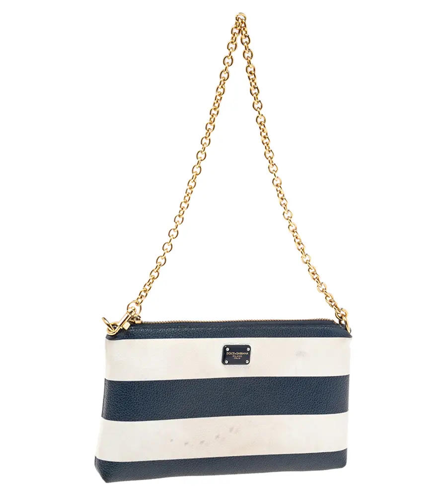 Dolce & Gabbana Blue/White Striped Leather Chain Pouch
