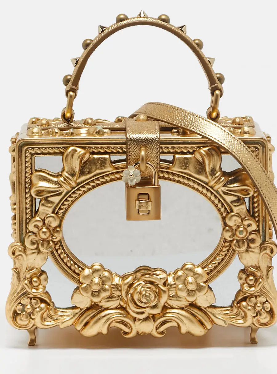 Dolce & Gabbana Dolce Box Gold Acrylic, Leather and Wood Top Handle Bags