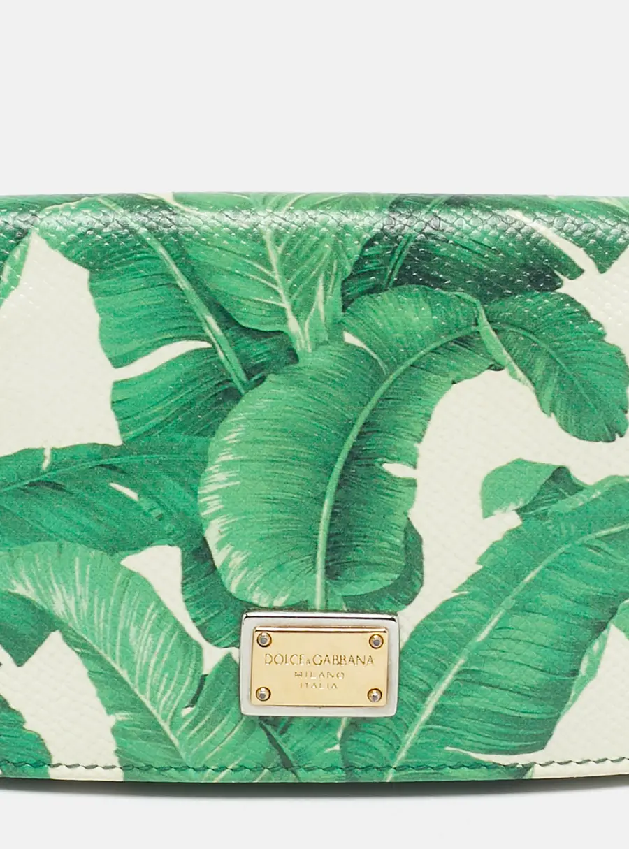 Dolce & Gabbana Green/White Leather Banana Leaf Printed Card Case