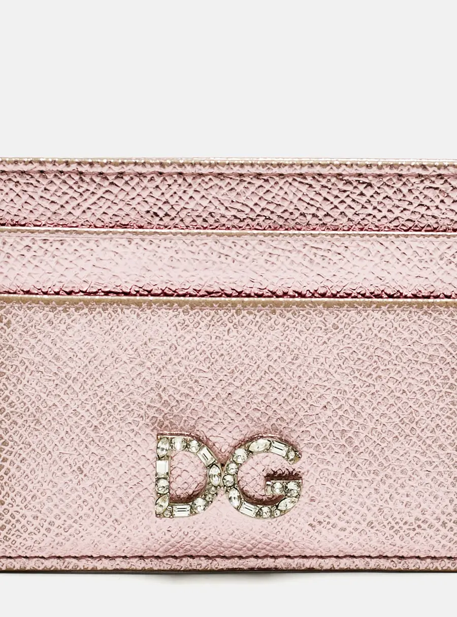 Dolce & Gabbana Metallic Pink Leather DG Crystals Card Holder