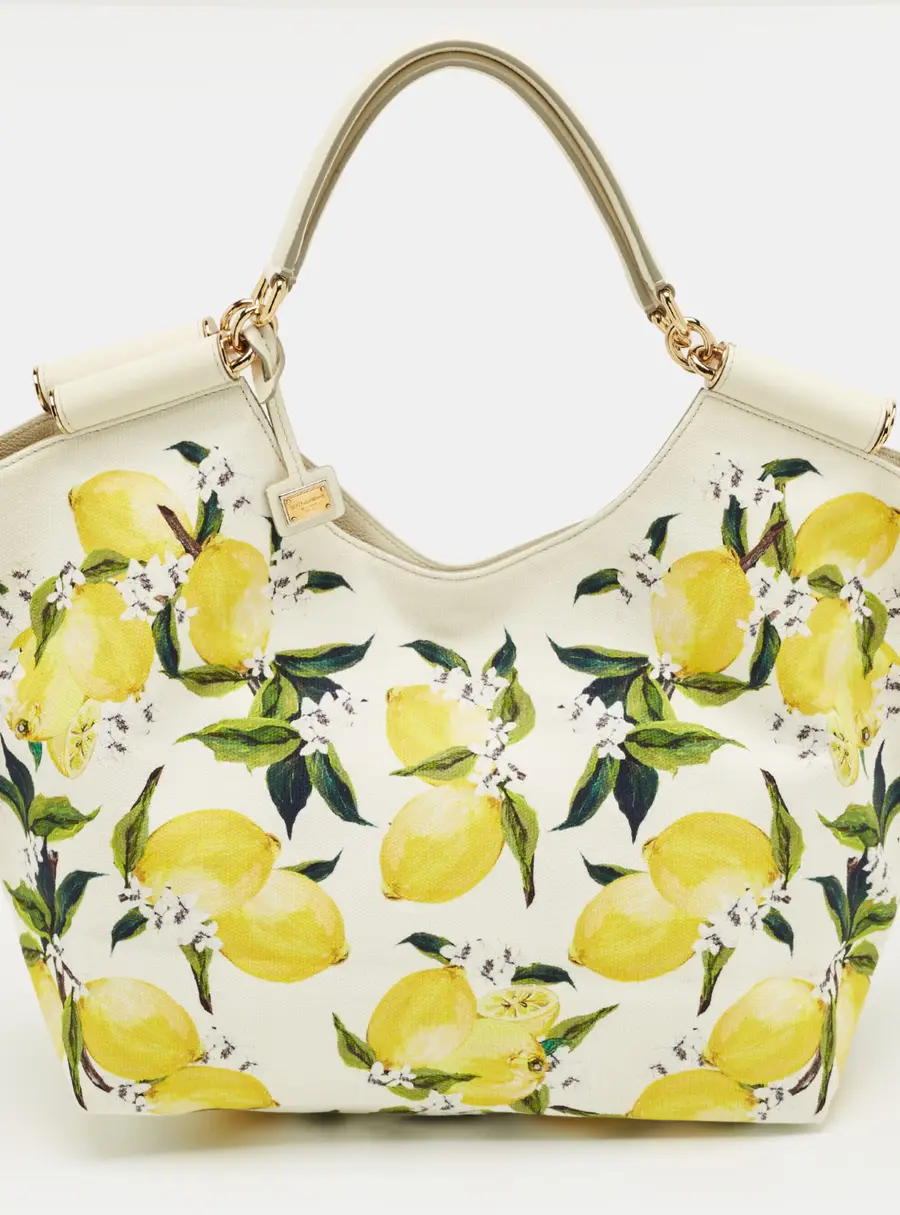 Dolce & Gabbana Yellow/White Lemon Print Canvas and Leather Tote
