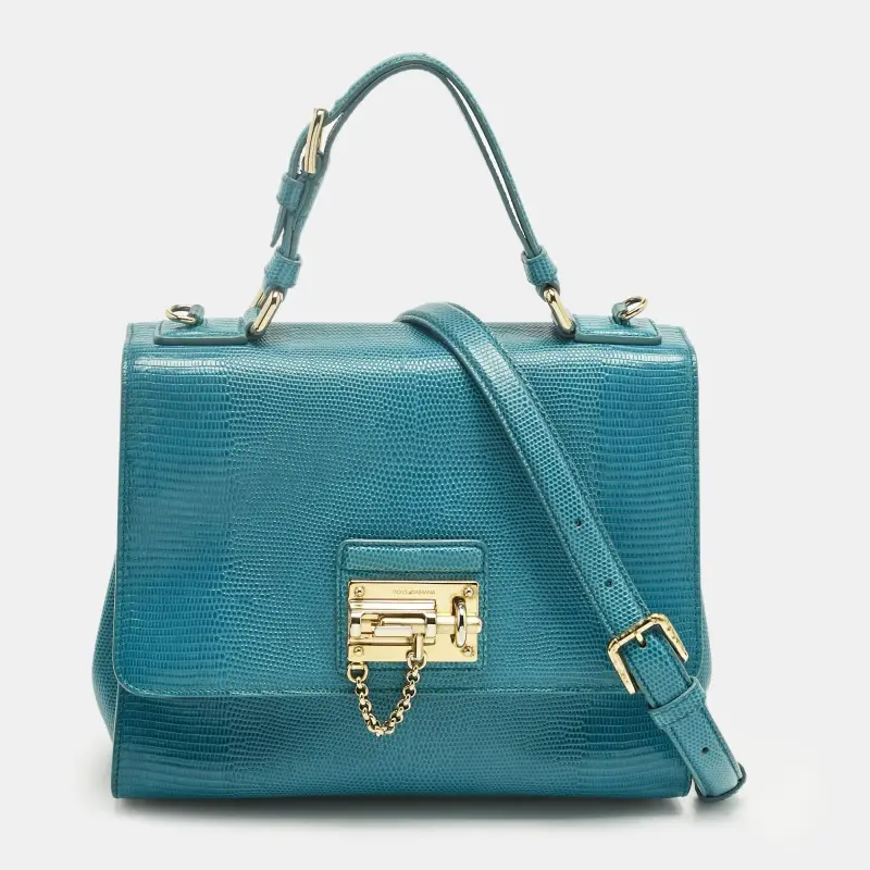 Dolce & Gabbana Turquoise Lizard Embossed Leather Medium Miss Monica Top Handle Bag