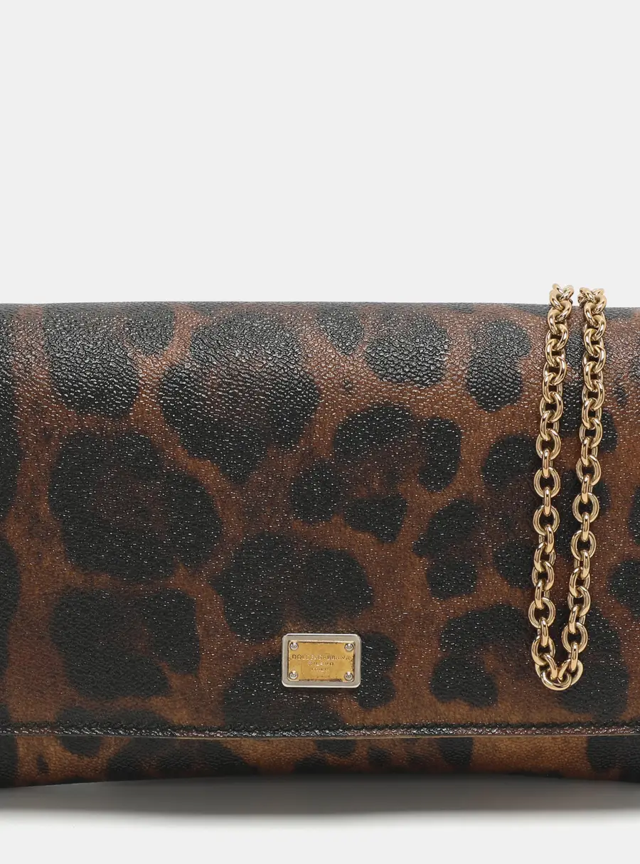 Dolce & Gabbana Nina Brown/Black Leopard Print Coated Canvas Chain Clutch