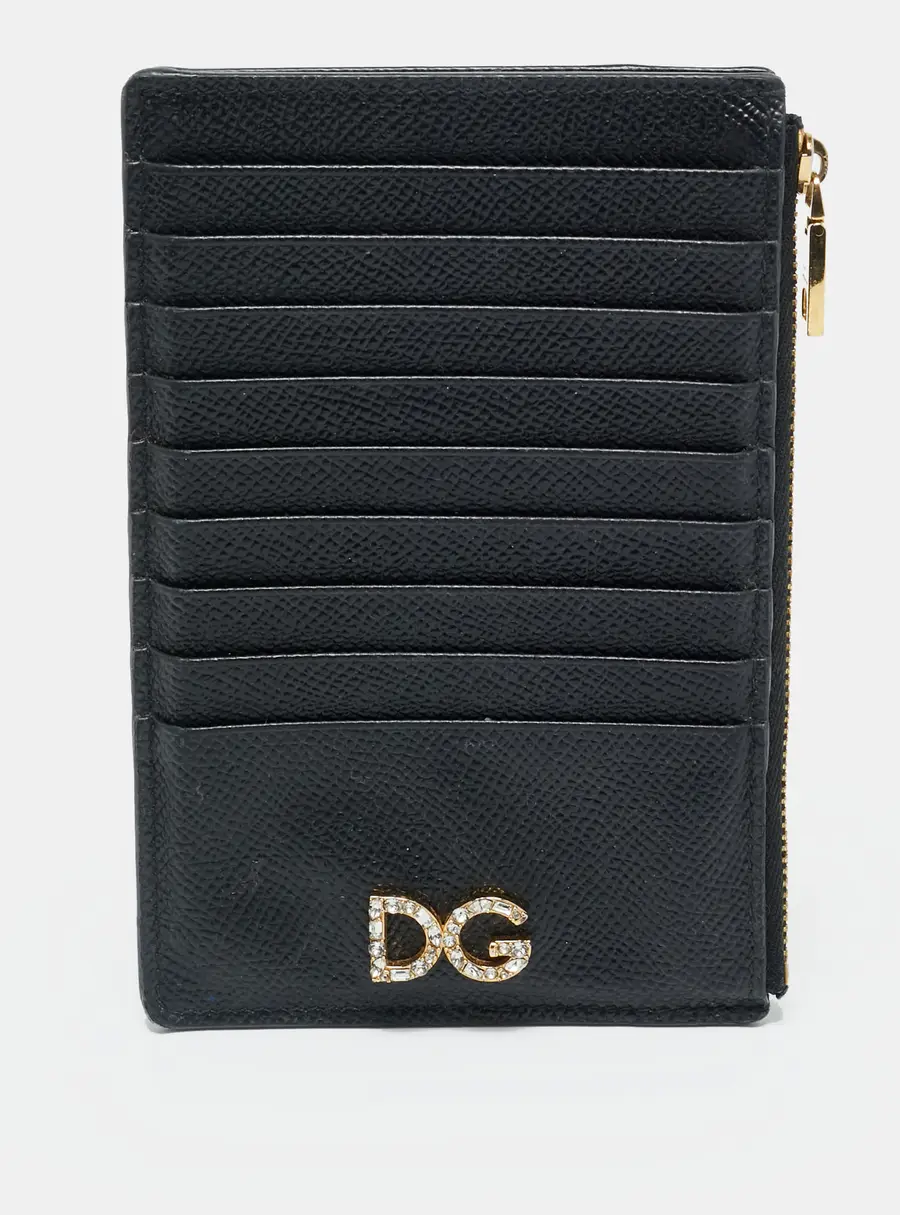 Dolce & Gabbana DG Crystal Logo Black Leather Zip Card Holder