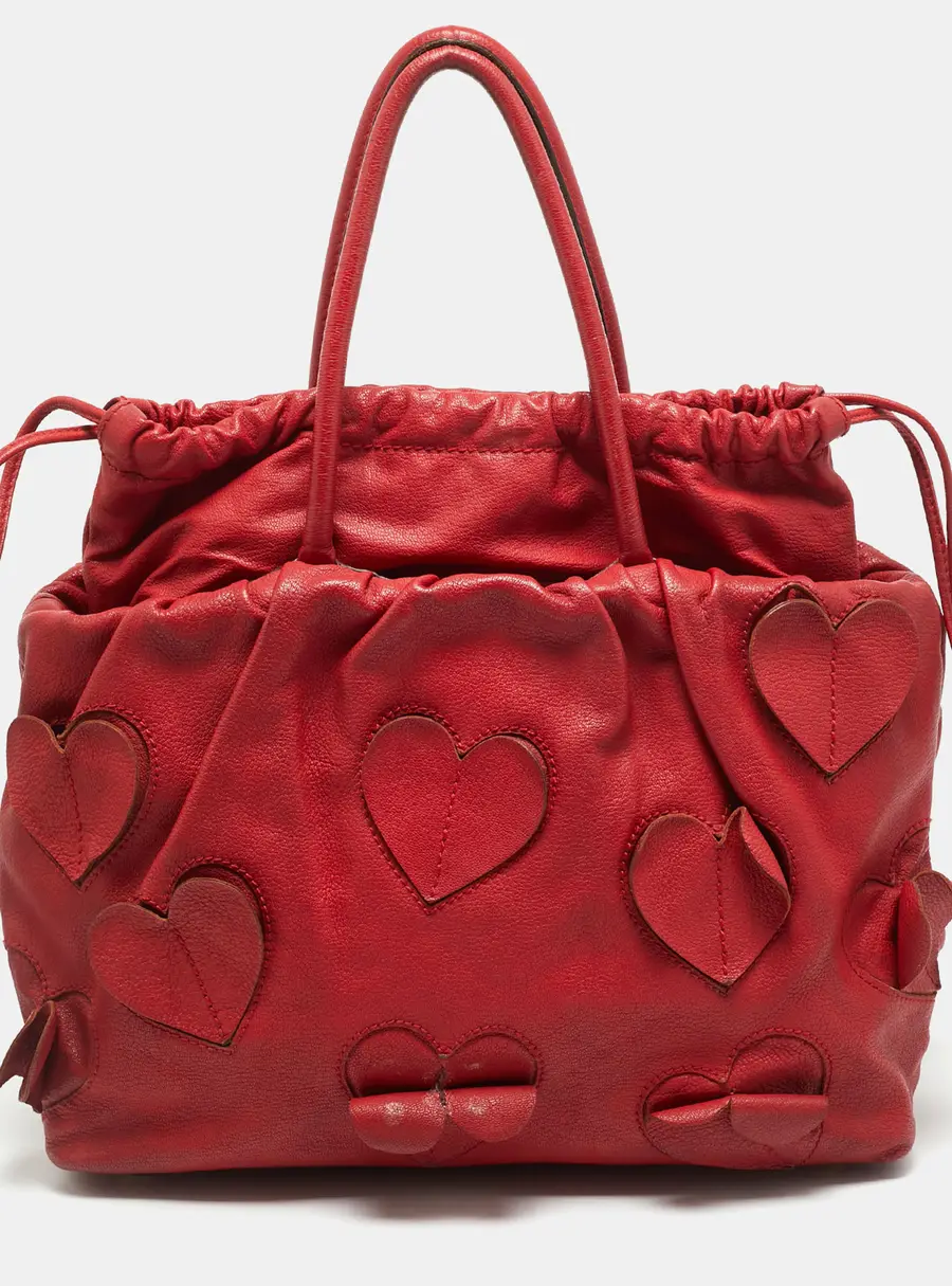 Dolce & Gabbana Heart Applique Red Leather Drawstring Tote