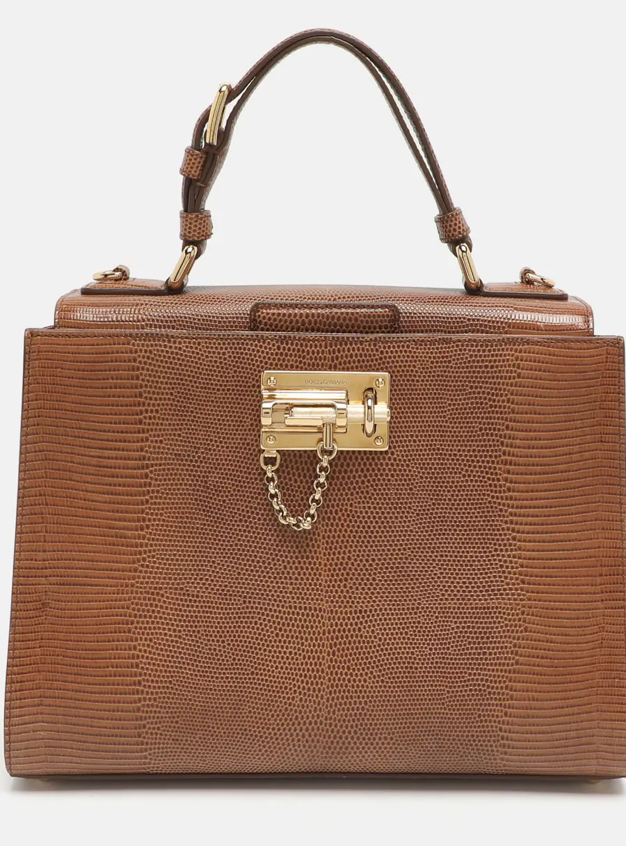 Dolce & Gabbana Miss Monica Medium Brown Lizard Embossed Leather Top Handle Bag