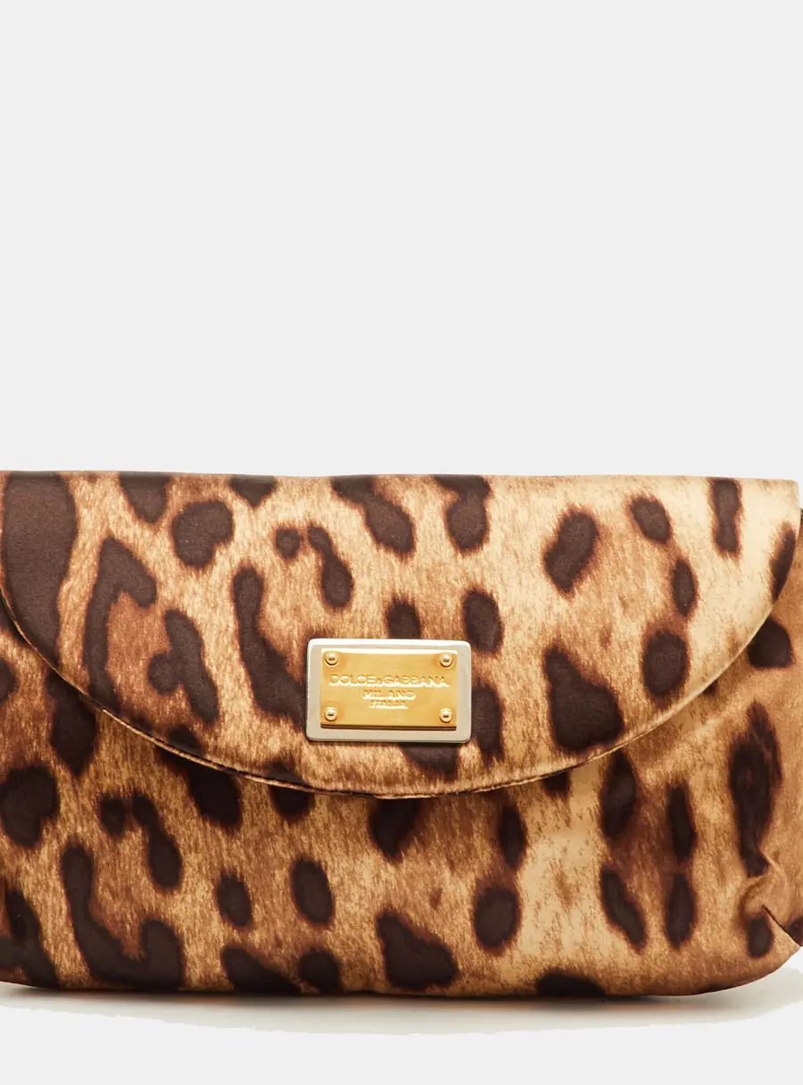 Dolce & Gabbana Brown Leopard Print Satin Flap Clutch