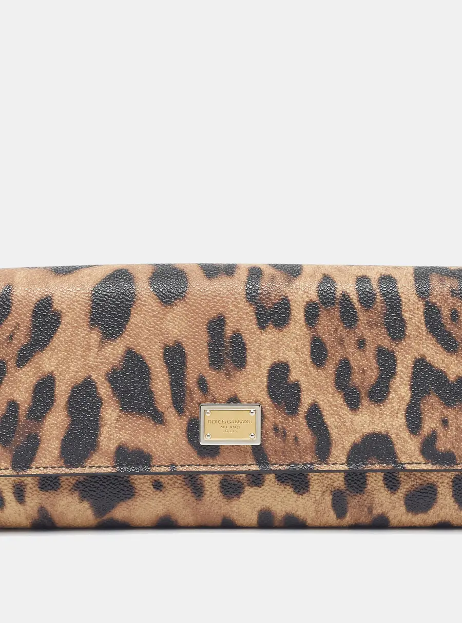 Dolce & Gabbana Logo Flap Beige/Black Leopard Print Coated Canvas and Leather Continental Wallet