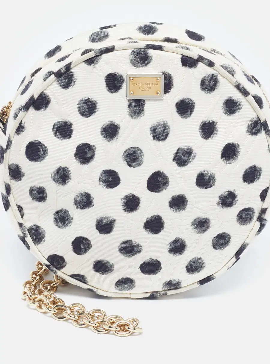 Dolce & Gabbana Round Glam Polka Dot White/Black Fabric Crossbody Bag
