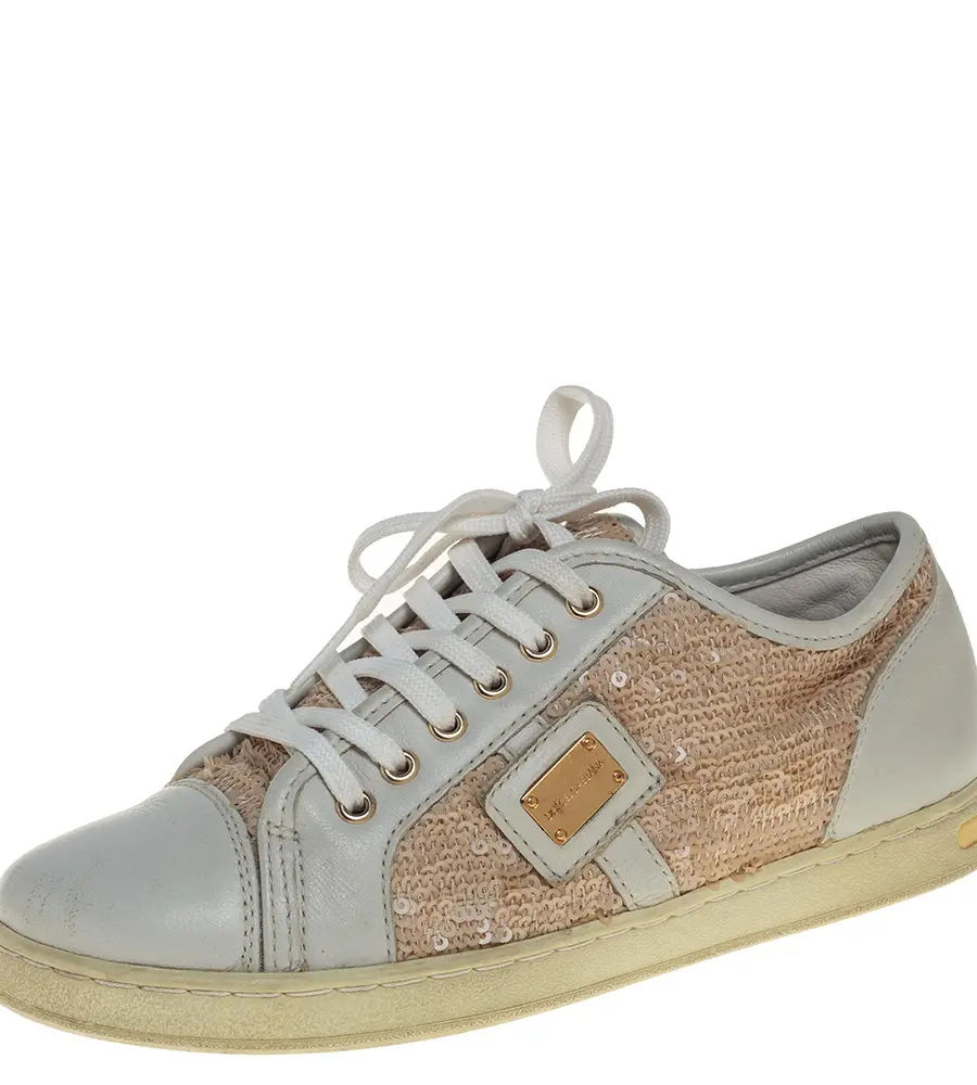 Dolce &Gabbana White/Brown Leather Sequin Embellished Sneakers Size 34