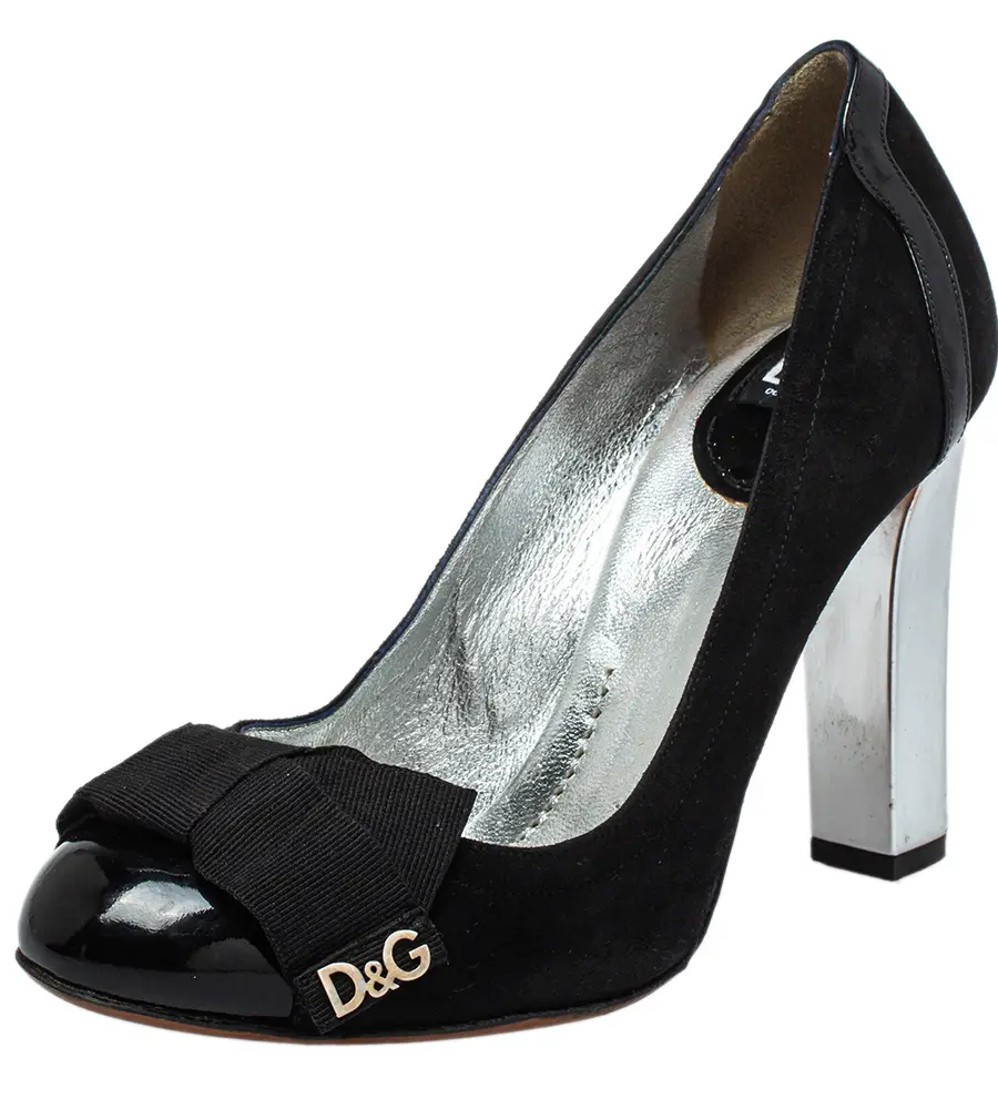 Dolce & Gabbana Black Suede And Patent Leather Block Heel Pumps Size 37
