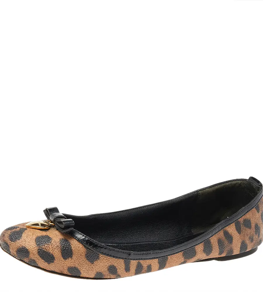Dolce & Gabbana Brown Leopard Print Coated Canvas Bow Detail Ballet Flats Size 37