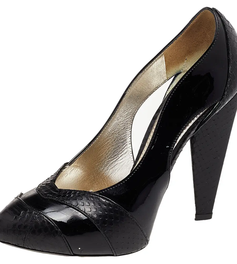 Dolce & Gabbana Size 37 Black Patent Leather and Python Embossed Leather Platform Pumps